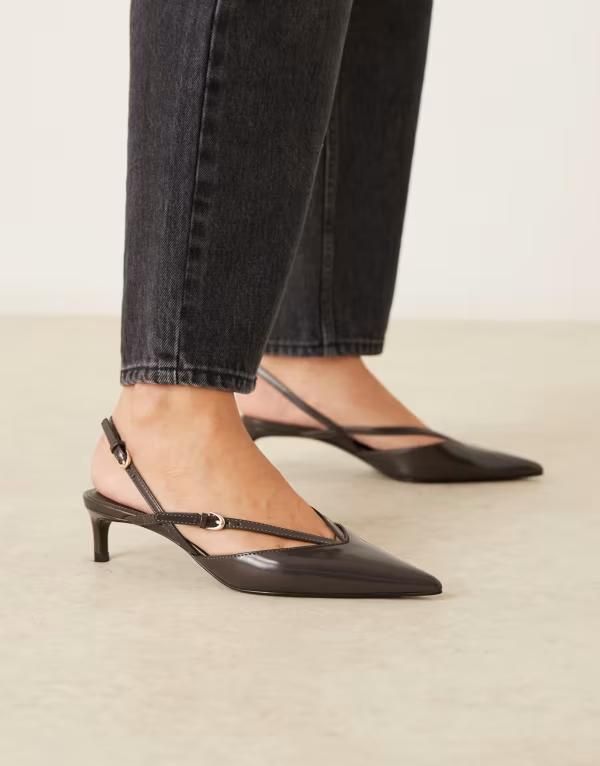 マンゴ レディース シューズ ヒール レザー フェイクレザー Mango faux leather strappy pointed heeled slingback shoes in charcoal