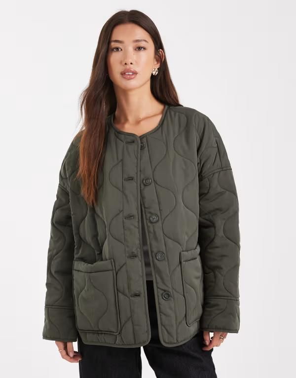オブジェクト レディース アウター コート キルティング ジャケット Object onion quilted front pocket bomber jacket Green グリーン