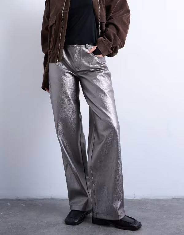 トップショップ レディース ボトムス カジュアルパンツ パンツ トール レザー フェイクレザー Topshop faux leather metallic cinch pants silver シルバ