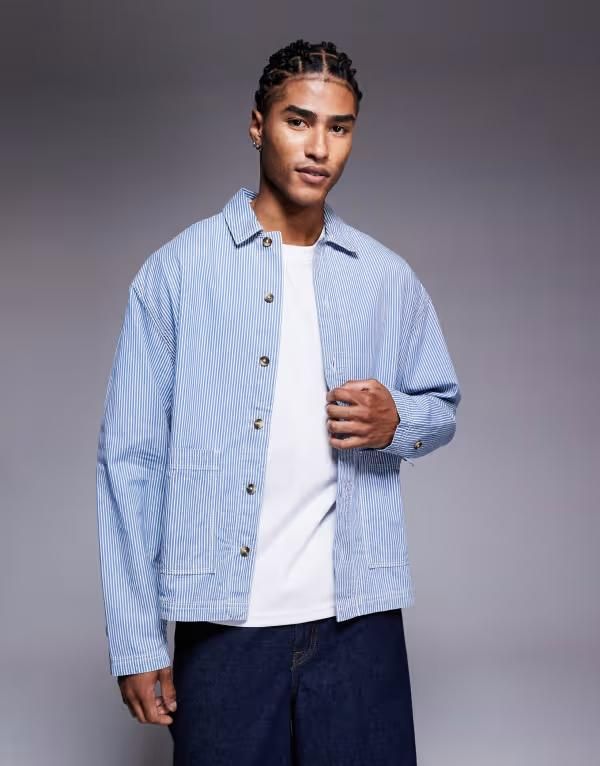 エイソス メンズ トップス シャツ デニム ASOS DESIGN oversized washed denim striped shirt BLUE ブルー