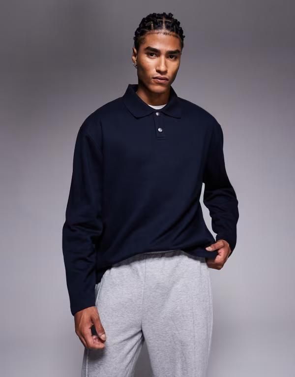 エイソス メンズ アウター パーカー・スウェット ポロシャツ リブ スウェット シャツ ASOS DESIGN relaxed button up polo sweatshirt with ribbe
