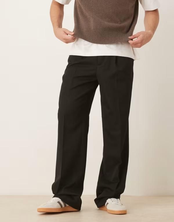 エイソス メンズ ボトムス カジュアルパンツ ワイドレッグ パンツ ASOS DESIGN smart wide leg stacked pants with pleats Black ブラック