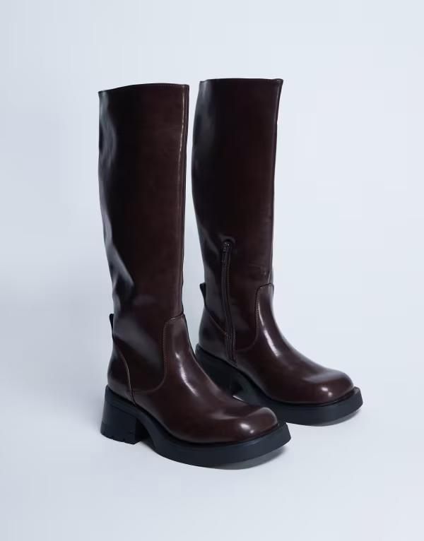 トップショップ レディース シューズ ブーツ・レインブーツ ヒール Topshop Rachel chunky heeled knee boots in chocolate Chocolate チョコ
