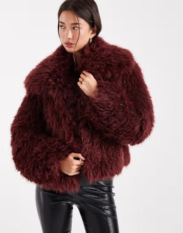 エイソス レディース アウター コート クロップド ジャケット ASOS DESIGN cropped faux fur jacket Burgundy バーガンディ