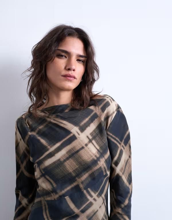 トップショップ レディース トップス タンクトップリント Topshop long sleeve top in plaid print Check print チェック