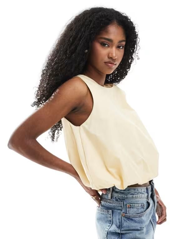 モンキ レディース トップス タンクトップ Monki bubble top in butter yellowイエロー