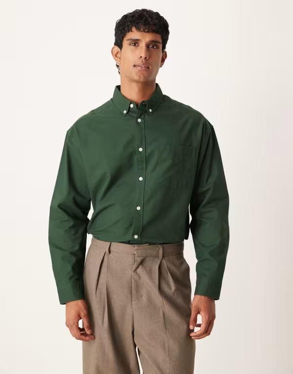 エイソス メンズ トップス シャツ オックスフォード ASOS DESIGN 90s oversized oxford shirt Bottle green グリーン