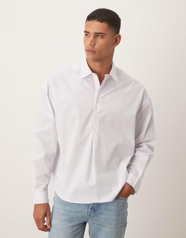 エイソス メンズ トップス シャツ ASOS DESIGN oversized over the head poplin shirt with scoop hem WHITE ホワイト