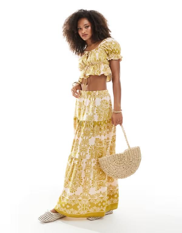 ウェンズデーガール レディース ボトムス スカート ティアード プリント マキシ Wednesdays Girl printed tiered maxi skirt and green part of