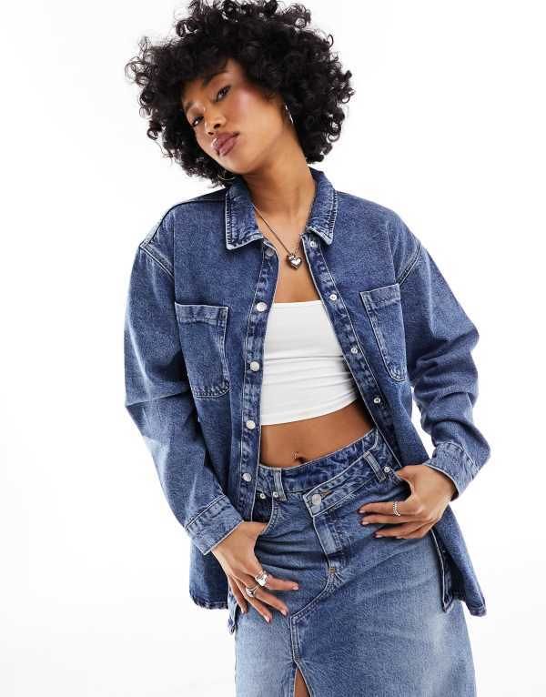 ノイジーメイ レディース アウター ジャケット・ブルゾン シャツ デニム Noisy May oversize denim shirt in mid wash Medium blue denim デニ