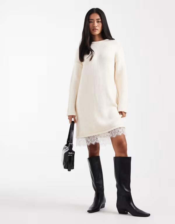 エイソス レディース トップス ワンピース レーストリム ミニ レース ニット ASOS DESIGN knit mini dress with lace trim detail in ecru エク