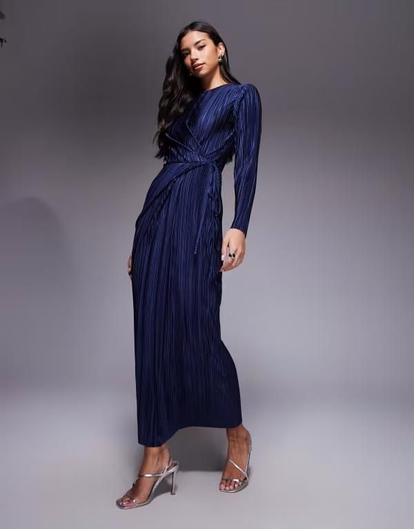 エイソス レディース トップス ワンピース マキシ ASOS DESIGN plisse long sleeve wrap tie waist maxi dress NAVY ネイビー
