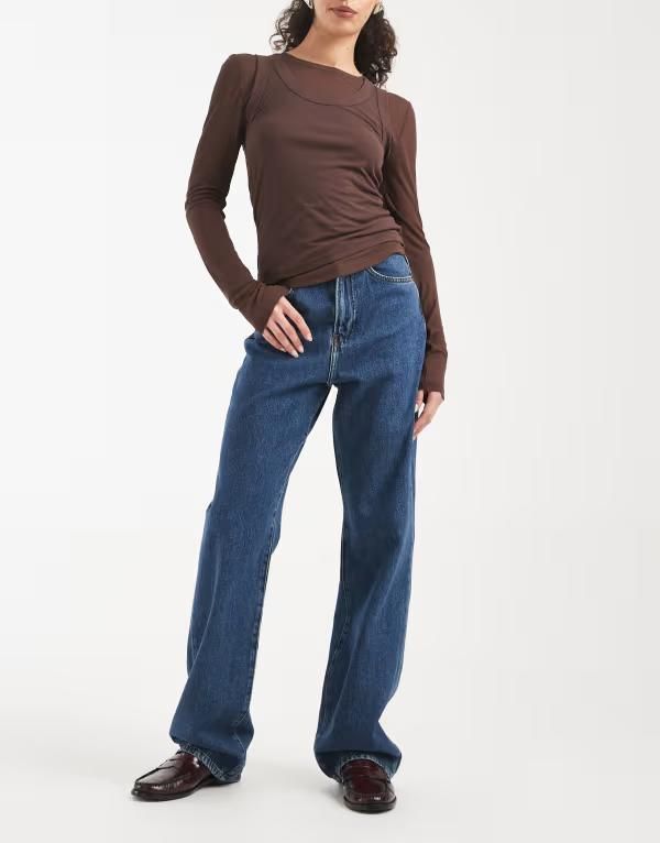 オンリー レディース ボトムス デニムパンツ ワイドレッグ ハイウエスト ジーンズ ONLY extra high waist wide leg jeans in mid BLUE ブルー