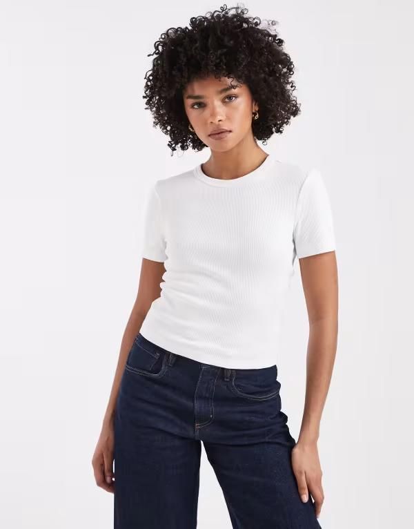 オンリー レディース トップス Tシャツ リブ ONLY ribbed Tshirt BRIGHT WHITE ホワイト