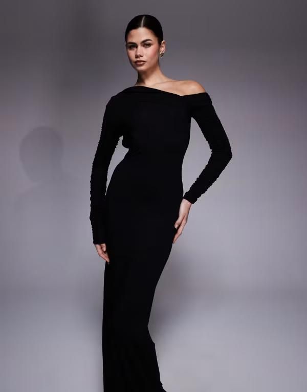 エイソス レディース トップス ワンピース オープンバック アシンメトリー オフショルダー マキシ ASOS DESIGN long sleeve offshoulder maxi dress wit
