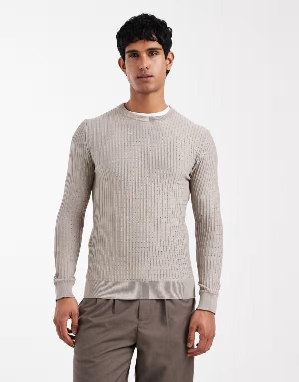 リバーアイランド メンズ アウター ニット・セーター River Island textured muscle fit knit sweater in light Gray グレー
