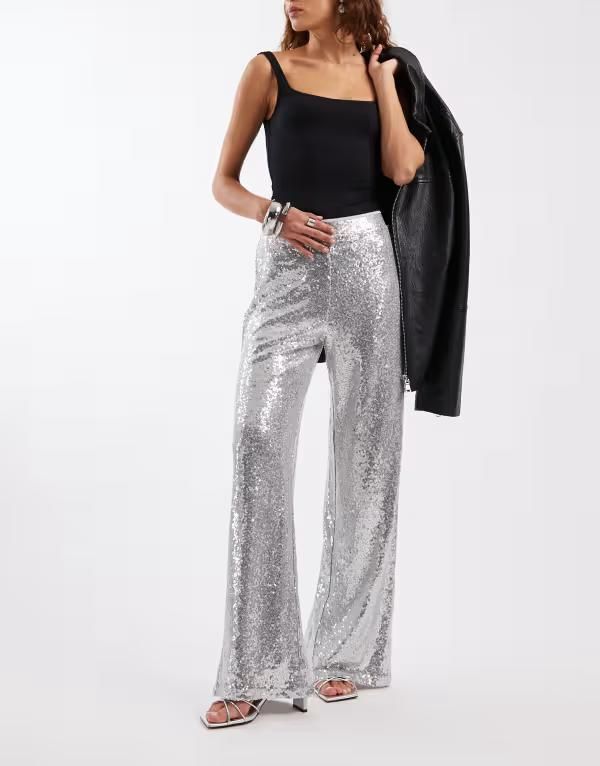 オンリー レディース ボトムス カジュアルパンツ ハイウエスト スパンコール ONLY high waist pull on sequin pantsilver Sequin シルバー