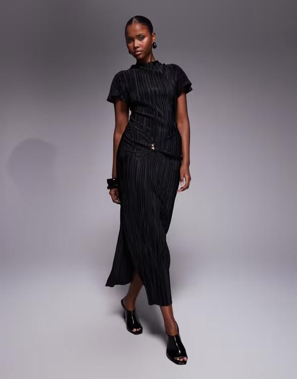 エイソス レディース トップス ワンピース ミディ ASOS DESIGN hardware pliss twist detail midi dress Black ブラック
