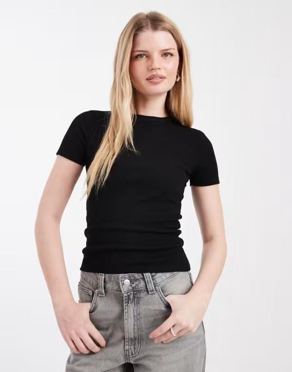 オンリー レディース トップス Tシャツ リブニット ONLY fitted rib knitop Black ブラック