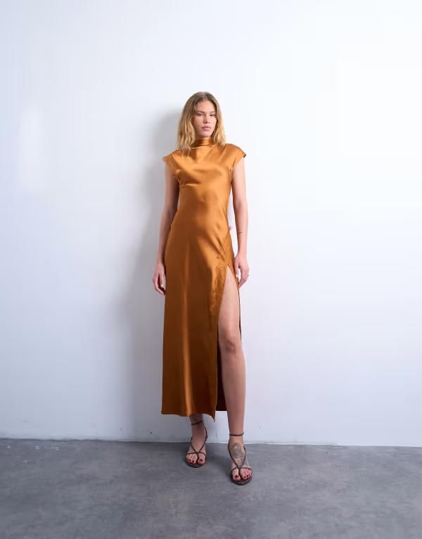 トップショップ レディース トップス ワンピース レーストリム ドレープ サテン レース マキシ Topshop satin drape neck maxi dress with lace trim