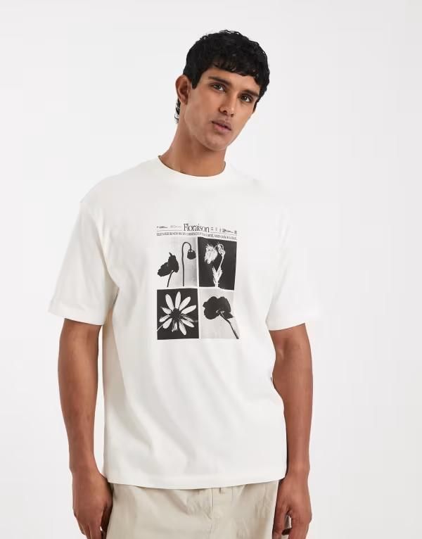 エイソス メンズ トップス Tシャツ フラワー柄 フラワー グラフィック ASOS DESIGN relaxed tshirt with abstract floral graphics in cre