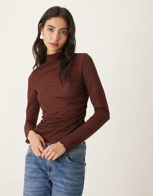 エイソス レディース トップス Tシャツ セミシアー ハイネック メッシュ シアー ASOS DESIGN high neck mesh semi sheer long sleeve top in c