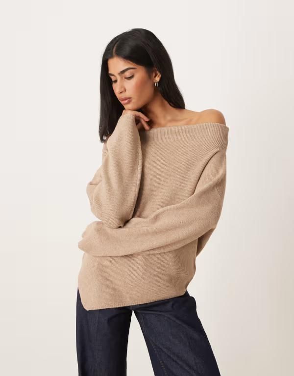 エイソス レディース アウター ニット・セーター ASOS DESIGN knit off the shoulder top in cookie Biscuit