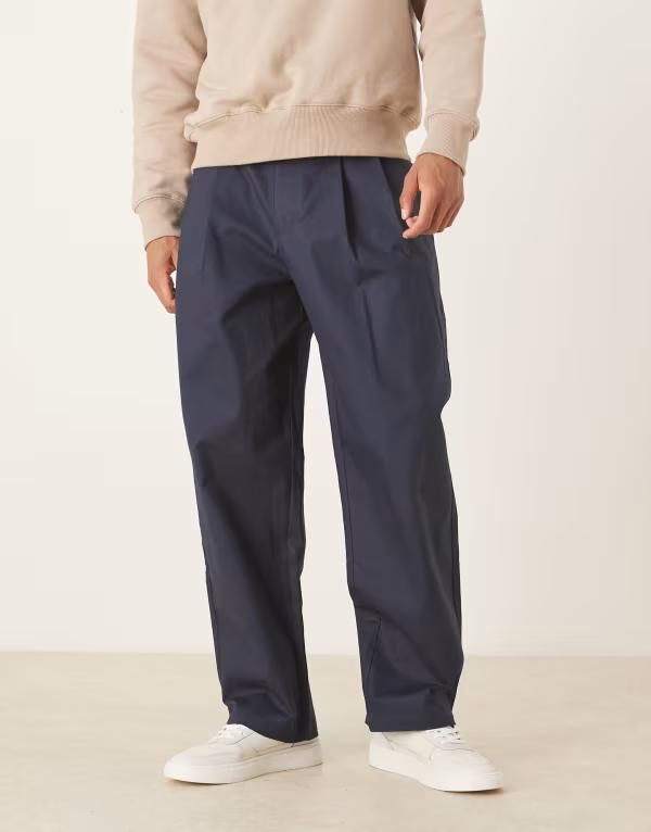 エイソス メンズ ボトムス カジュアルパンツ ストレート ASOS DESIGN loose straight leg pants with belt NAVY ネイビー