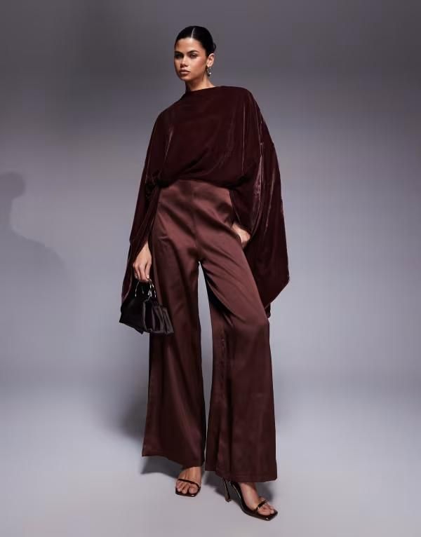 エイソス レディース トップス ジャンプスーツ ワイドレッグ ベルベット サテン ASOS DESIGN velvet bodice satin wide leg jumpsuit in chocol