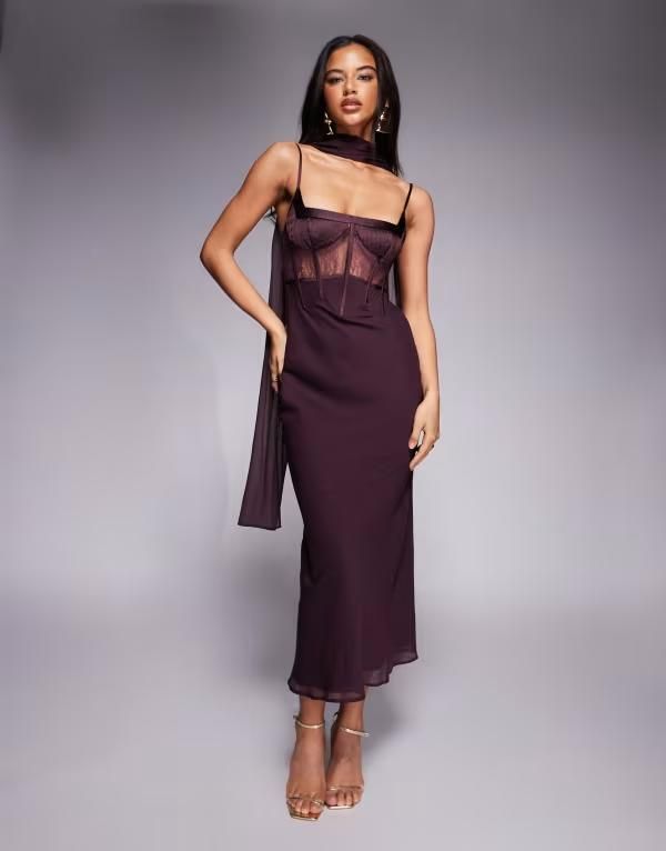 エイソス レディース トップス ワンピース ミディ サテン レース ASOS DESIGN cami satin and lace slip midi dress with scarf detail