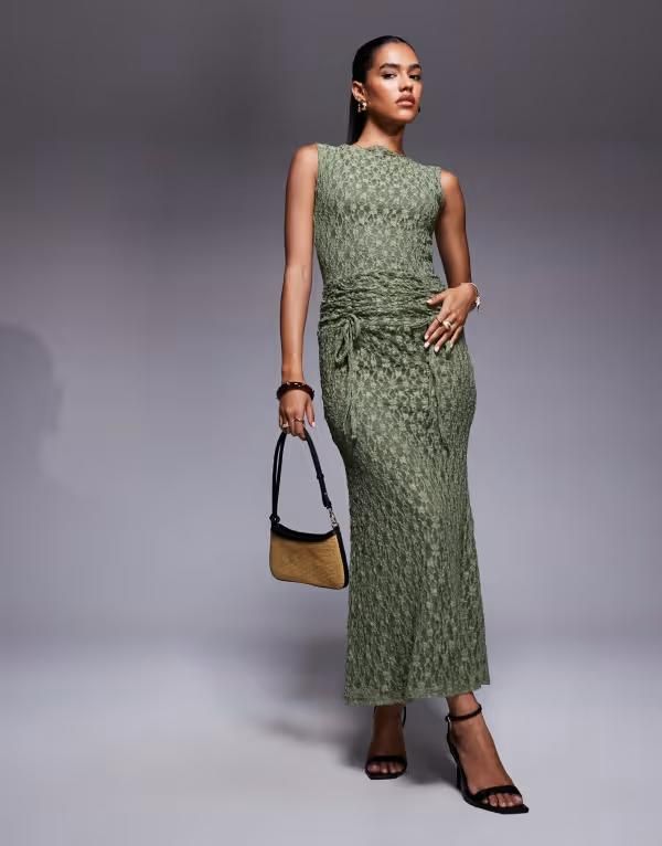 エイソス レディース トップス ワンピース マキシワンピース ギャザー レース マキシ ASOS DESIGN ruched waistband detail lace maxi dress Khak