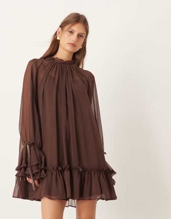 エイソス レディース トップス ワンピース ティアード フリル ミニ ベルベット ASOS DESIGN smock mini dress with tiered ruffle cuff and ve