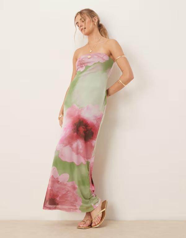 エイソス レディース トップス ワンピース ミディワンピース フラワー柄 プリント メッシュ ミディ フラワー ASOS DESIGN mesh bandeau midi dress in flora