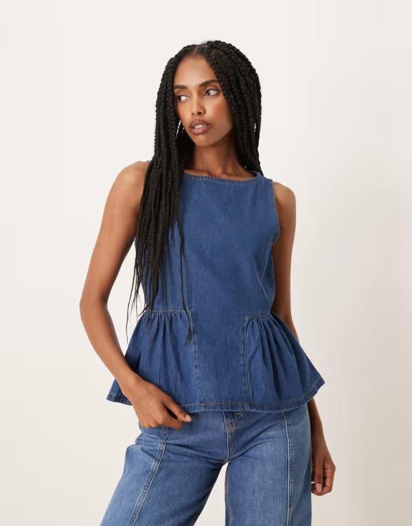 エイソス レディース トップス Tシャツ デニム ASOS DESIGN denim top with drop waist side panels in mid BLUE ブルー