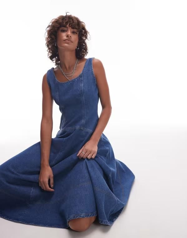 トップショップ レディース トップス ワンピース ミディワンピース ミディ デニム Topshop denim circle dropwaist strappy midi dress in bleac