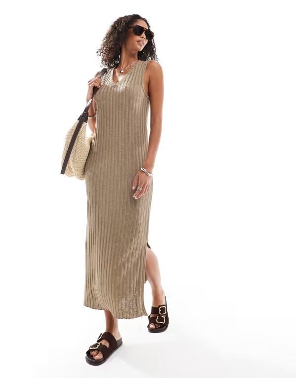 ピーシーズ レディース トップス ワンピース Vネック ミディワンピース ミディ ノースリーブ Pieces sleeveless Vneck midi dress Greige ベージュ