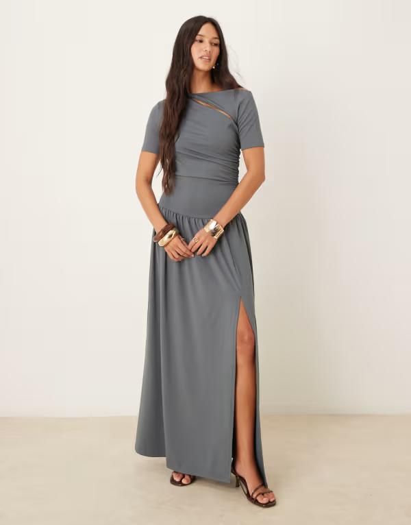 エイソス レディース トップス ワンピース カットアウト マキシワンピース ギャザー マキシ ASOS DESIGN cut out ruched dropped hem maxi dress in