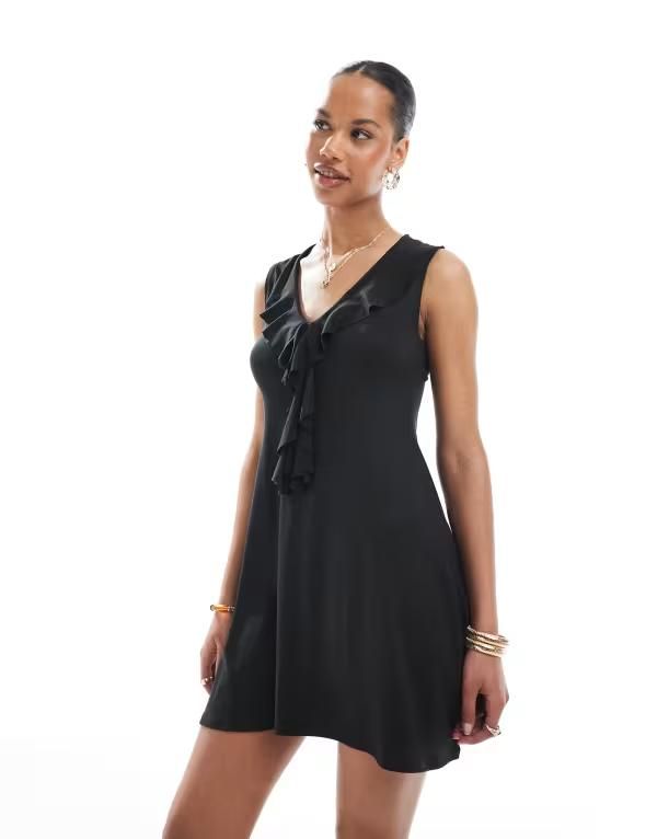 ミスセルフフリッジ レディース トップス ワンピース フリル ミニ ダウン Miss Selfridge ruffle down tie front mini summer dress Black ブ