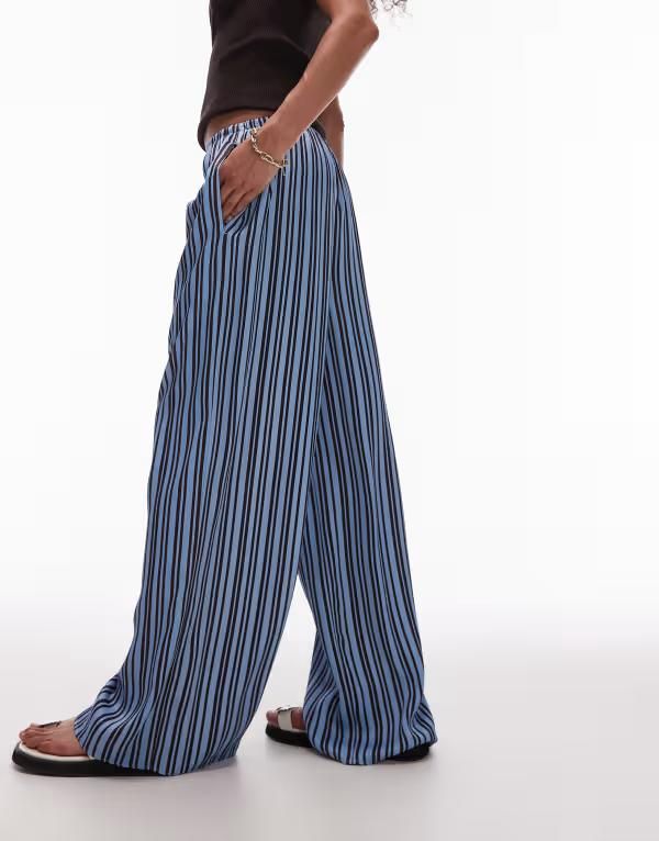 トップショップ レディース ボトムス カジュアルパンツ ワイドレッグ パンツ サテン Topshop satin tie waist wide leg pants and blue stripe pa