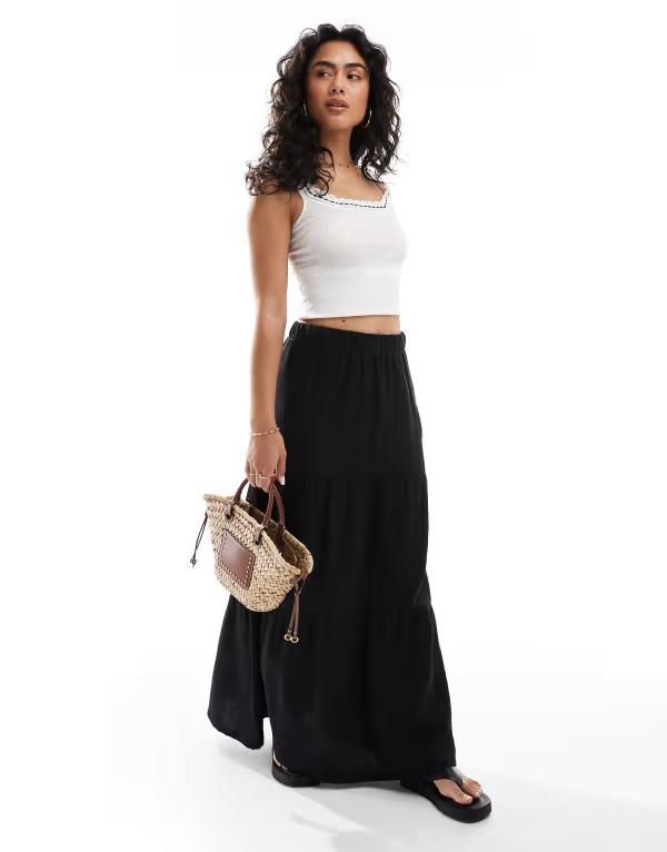 ピーシーズ レディース ボトムス スカート ティアード ミディ Pieces tiered boho midi skirt Black ブラック