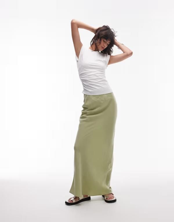 トップショップ レディース ボトムス スカート マキシ Topshop super soft cupro bias cut maxi skirt in olive OLIVE オリーブ