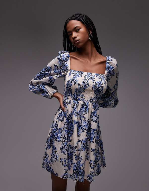 アンドアザーストーリーズ レディース トップス ワンピース ミニワンピース フラワー柄 プリント ミニ フラワー Other Stories square neck mini dress with s