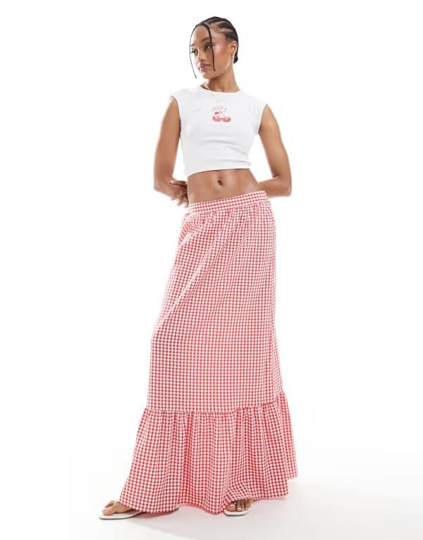 ベロモーダ レディース ボトムス スカート ティアード ギンガムチェック プリント マキシ ギンガム Vero Moda Tall tiered hem maxi skirt gingham prin