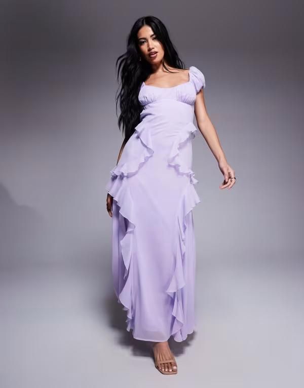 エイソス レディース トップス ワンピース ミディワンピース フリル ミディ ASOS DESIGN gathered sleeves midi dress with ruffles in lilac