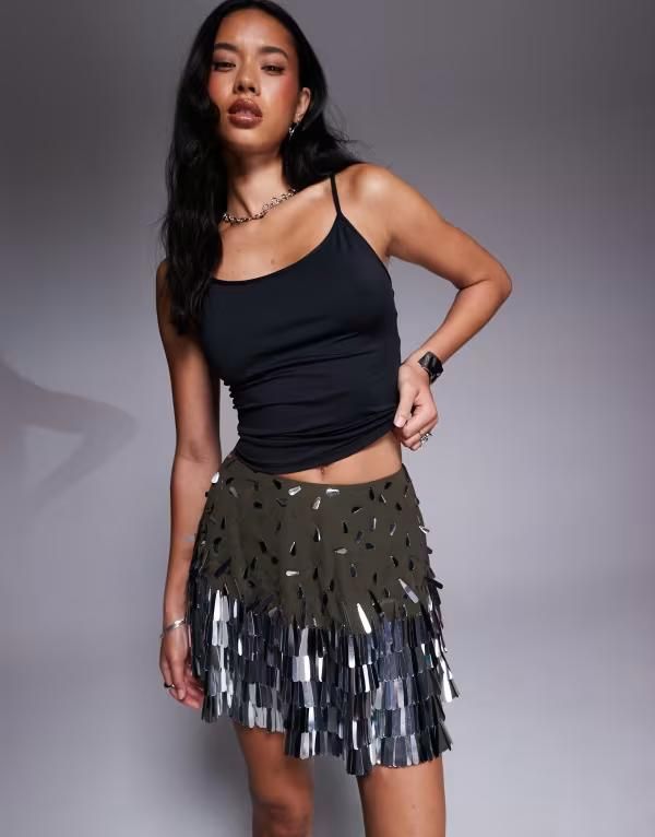 エイソス レディース ボトムス スカート ミニ スパンコール ASOS DESIGN tear drop sequin mini skirt Green グリーン