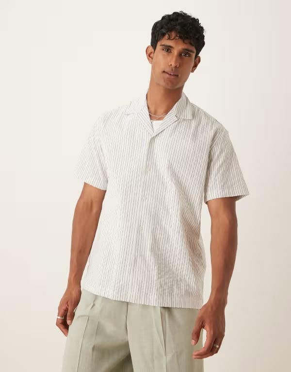 セレクテッドオム メンズ トップス シャツ Selected Homme seersucker camp collar shirt in cream strip Egret Winter Sky クリ