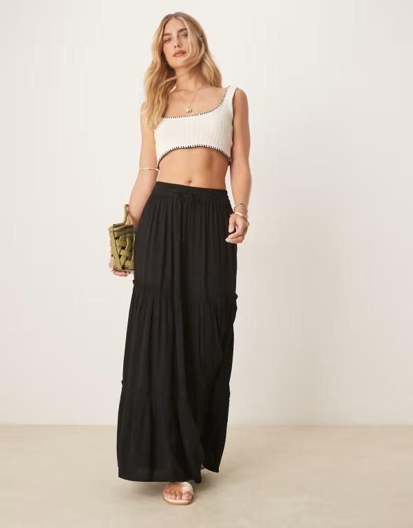 ヴィラ レディース ボトムスカート ティアード マキシ Vila tiered boho maxi skirt Black ブラック