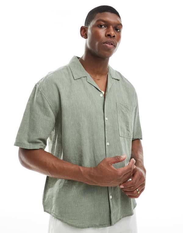 オンリーアンドサンズ メンズ トップス シャツ リネン ONLY SONS linen mix relaxed resort shirt in sage Swamp セージ