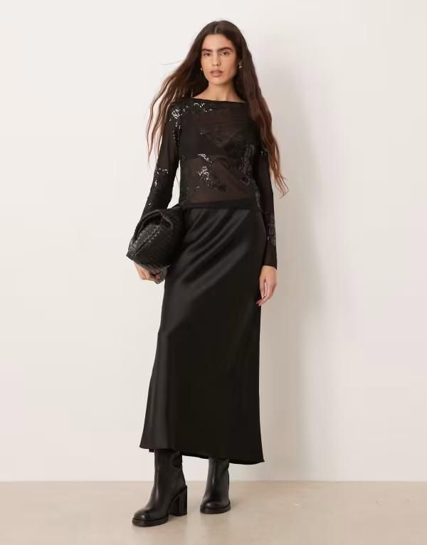 マンゴ レディース ボトムスカート サテン マキシ Mango satin maxi skirt Black ブラック