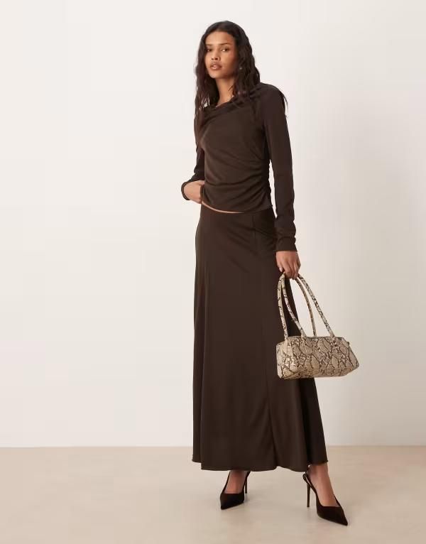 マンゴ レディース ボトムスカート プリーツ ミディ ジャージー Mangodette jersey pleated midi skirt part of a set BROWN ブラウン